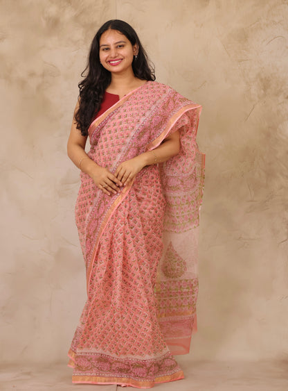 Peach Pure Kota Doria Saree with Bagru Handblock Prints | Looms & Tassels