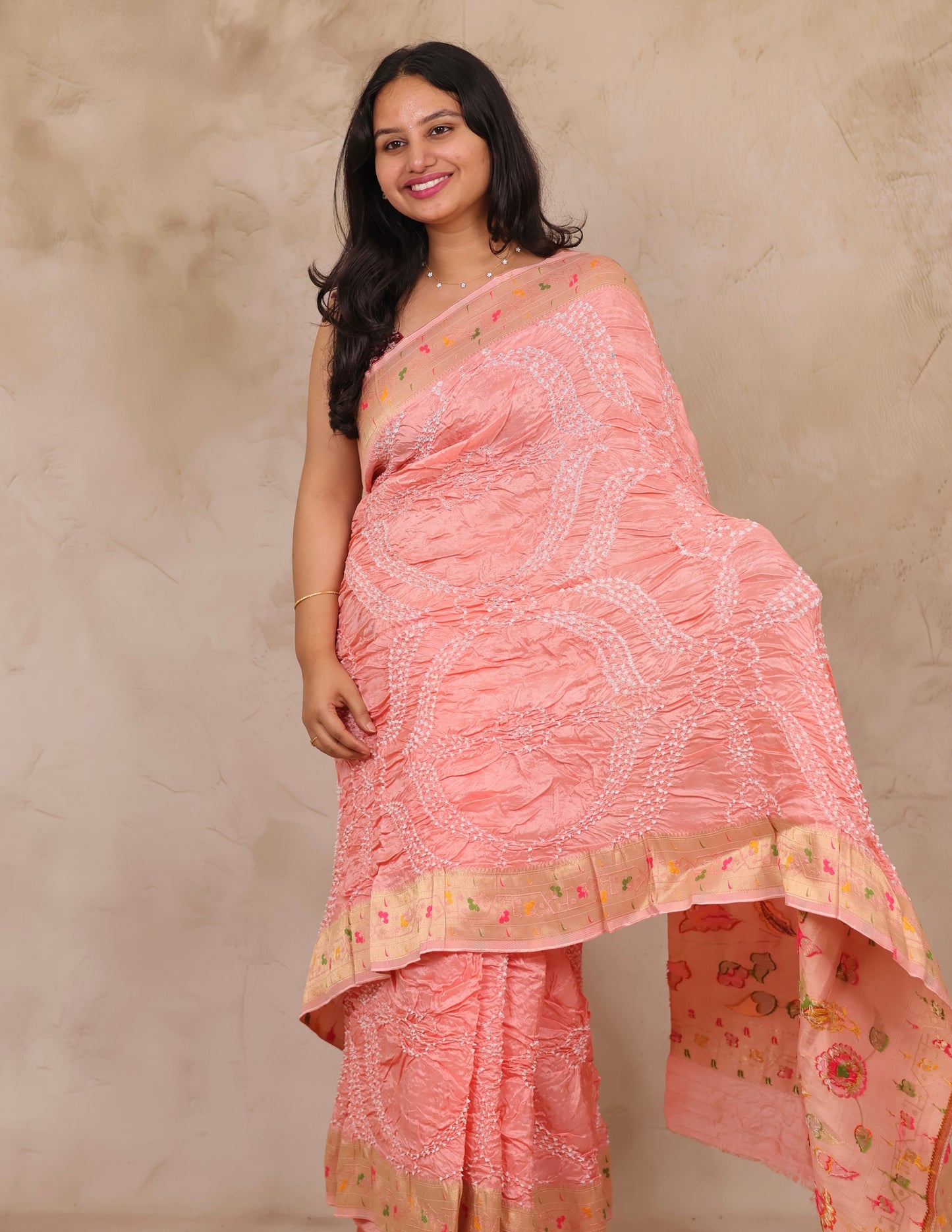 Peach Handcrafted Pattern Bandhani Paithani Dola Silk Saree | Looms & Tassels