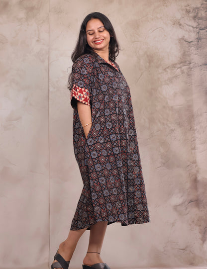 Black Ajrakh Handblock Printed Cotton Kaftan shirt dress – Elegant & Breathable Ethnic Wear | Looms & Tassels