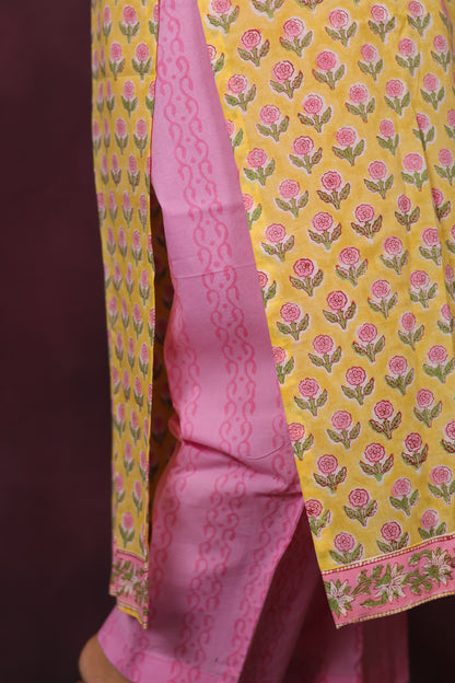 Yellow And Pink Handblock printed Pure Mul Cotton with Chiffon Dupatta 3 piece suit (stitched)