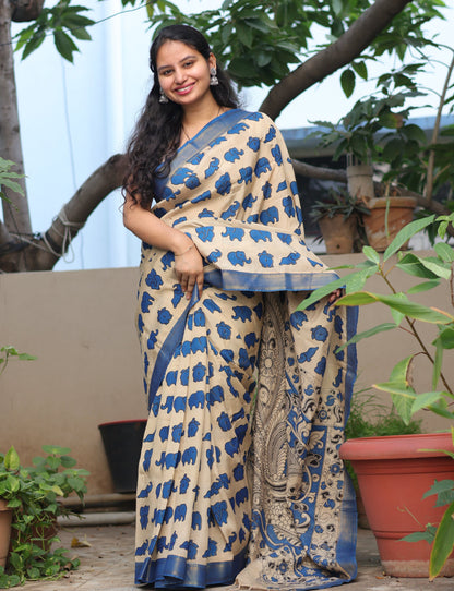 Cream & Blue Elephant Kalamkari Silk Handcrafted Nizam Border Saree