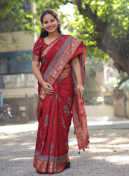 Red Ajrakh Dola Silk Saree