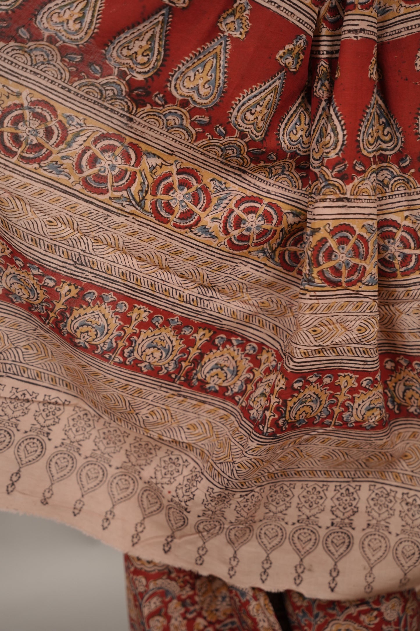 Red Hand Block Printed Kalamkari Cotton Saree | Looms & Tassels