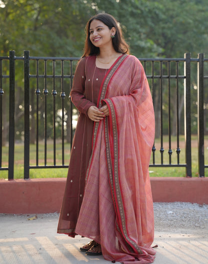 Onion Pink Narayanpet Cotton Anarkali Dress with Narayanpet Dupatta