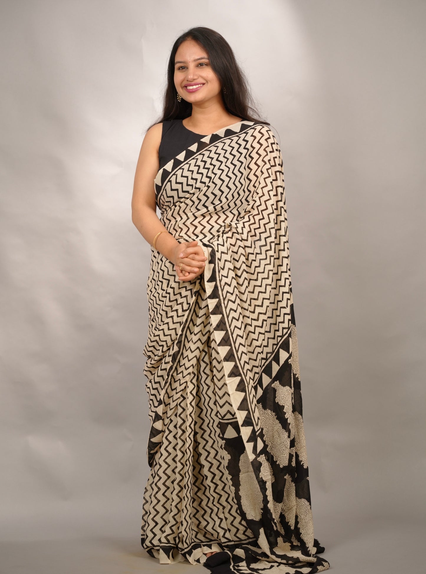 Cream & Black Georgette Hand Block Printed Saree| Looms & Tassels