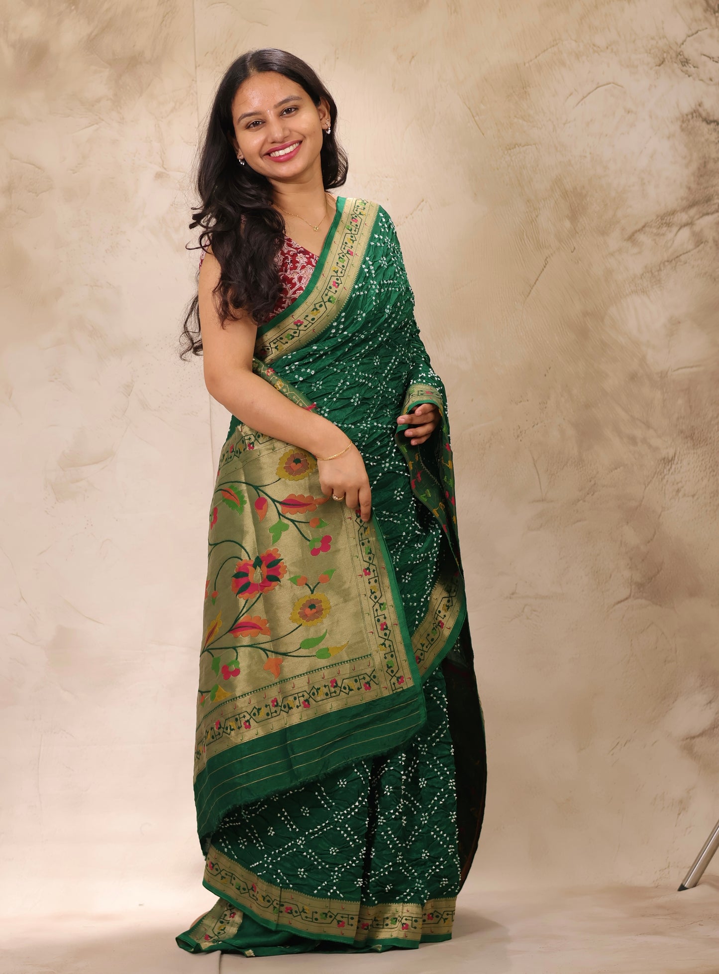 Green Handcrafted Pattern Bandhani Paithani Dola Silk Saree | Looms & Tassels