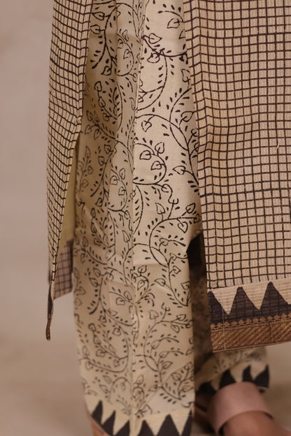 Cream stripes Handblock printed Pure Maheswari Silk 3 piece suit (stitched)