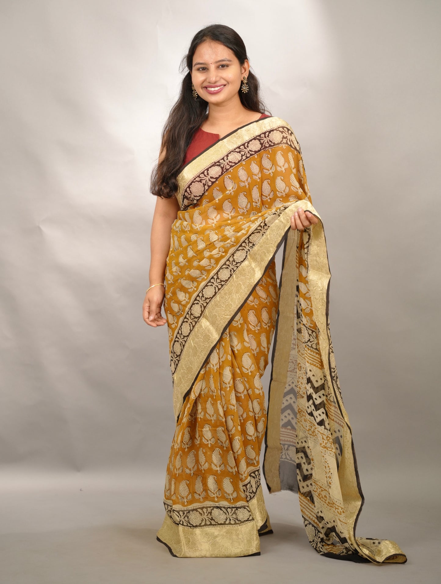 Mustard Chiffon Hand Block Printed Saree with Jari Border | Looms & Tassels