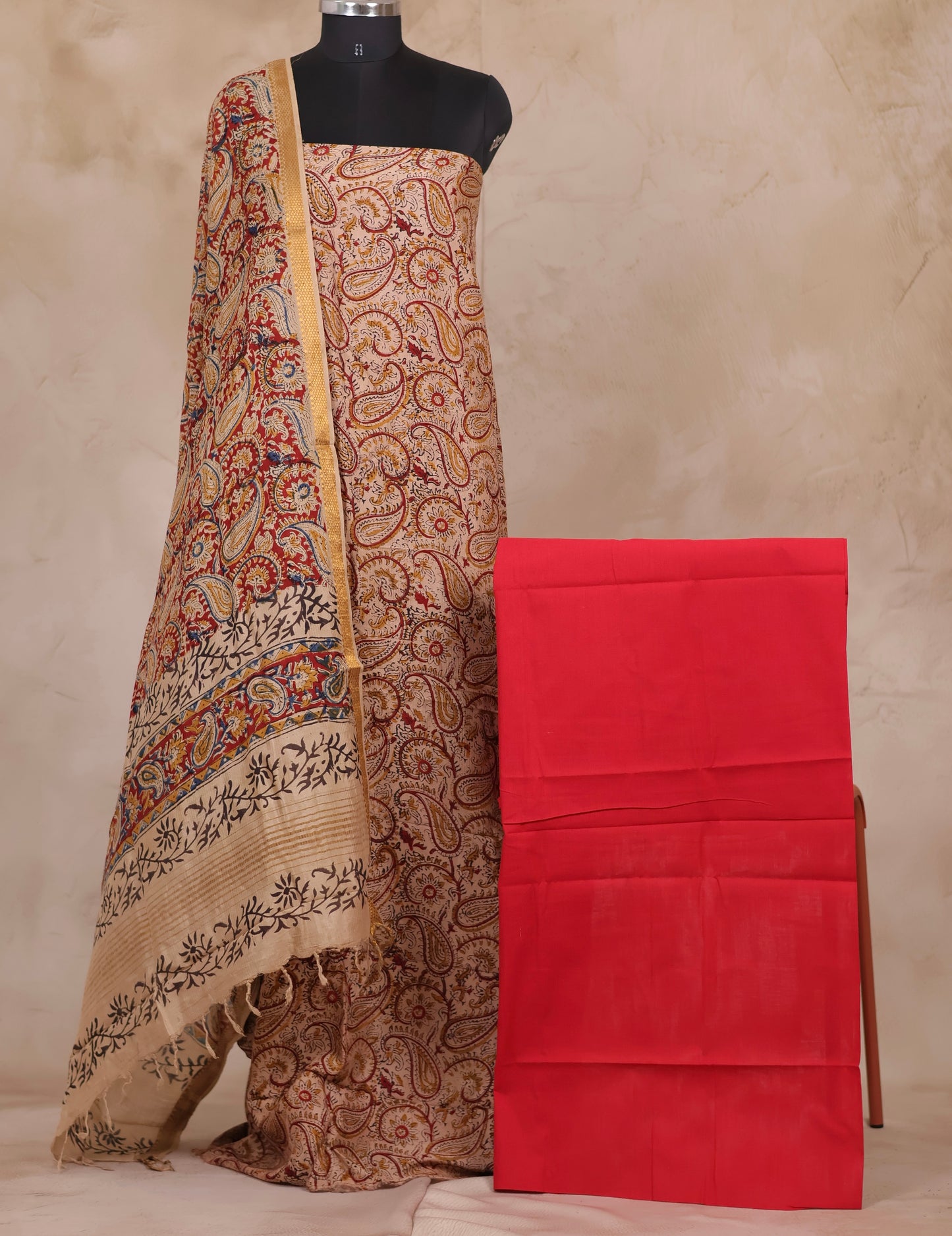 Hand Block Printed Kalamkari Unstitched 3pc Suit Set