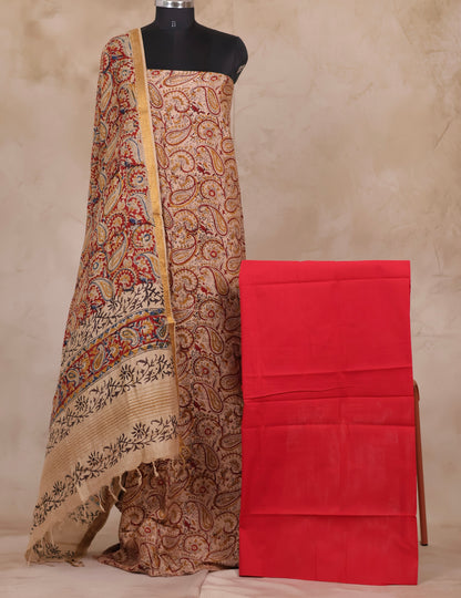 Hand Block Printed Kalamkari Unstitched 3pc Suit Set