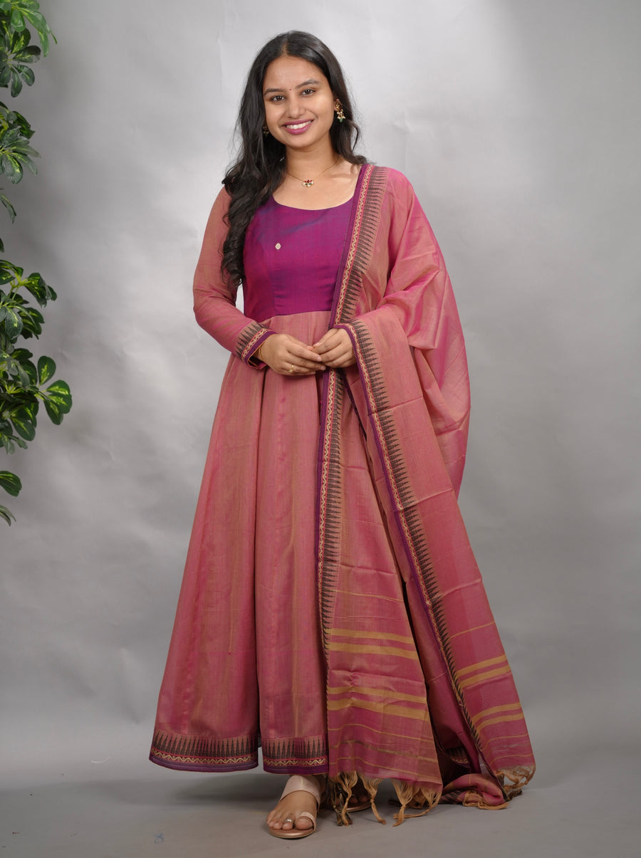 Dual shade Narayanpet Cotton Anarkali Dress with Narayanpet Dupatta | Looms & Tassels