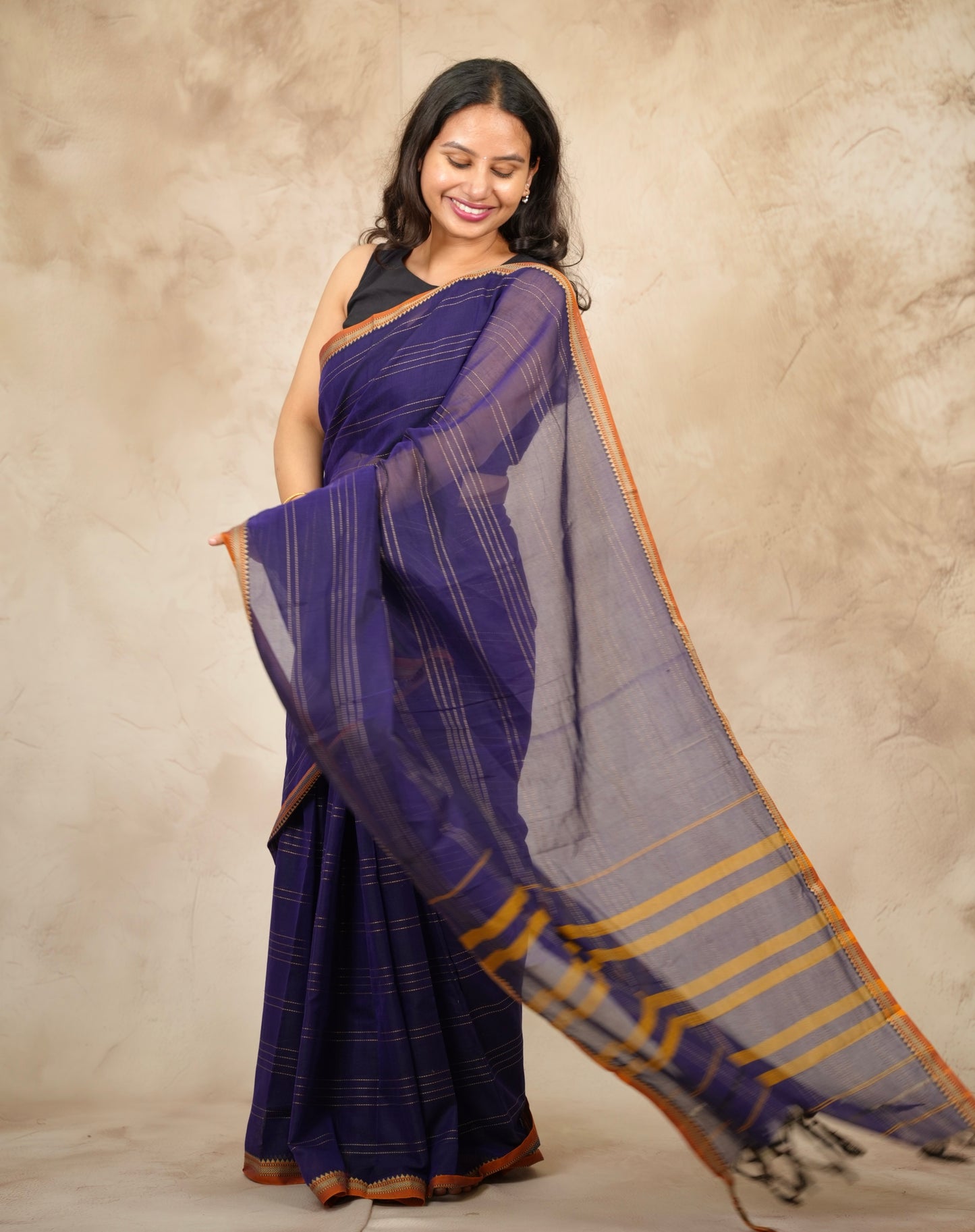 Dark Blue Narayanpet Cotton Saree lines weaving | Looms & Tassels
