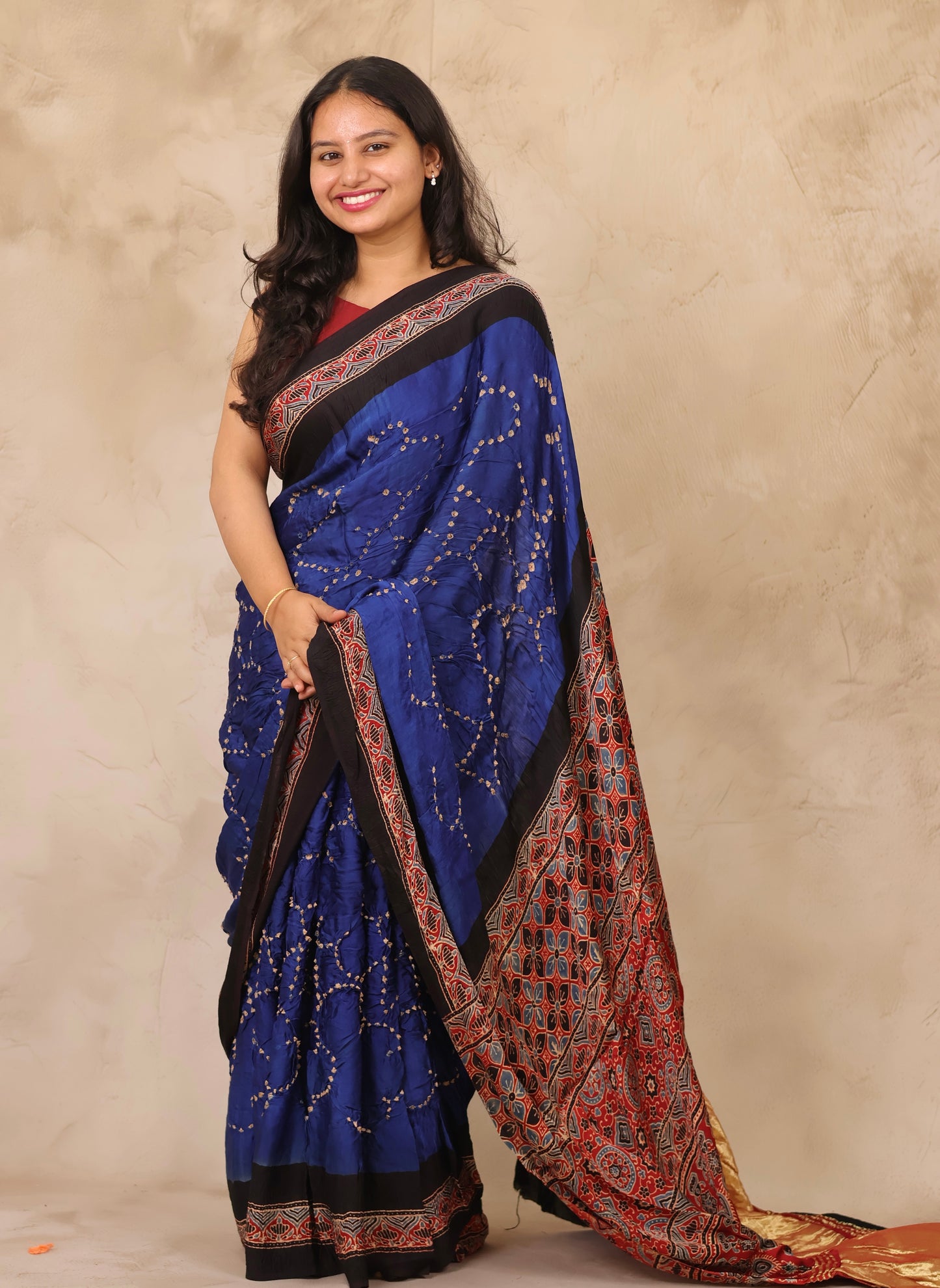Blue Hand Knotted Bandhej Arakh Modal Silk Saree with Lagdi Pallu | Looms & Tassels