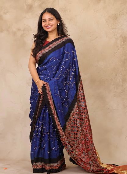 Blue Hand Knotted Bandhej Arakh Modal Silk Saree with Lagdi Pallu | Looms & Tassels