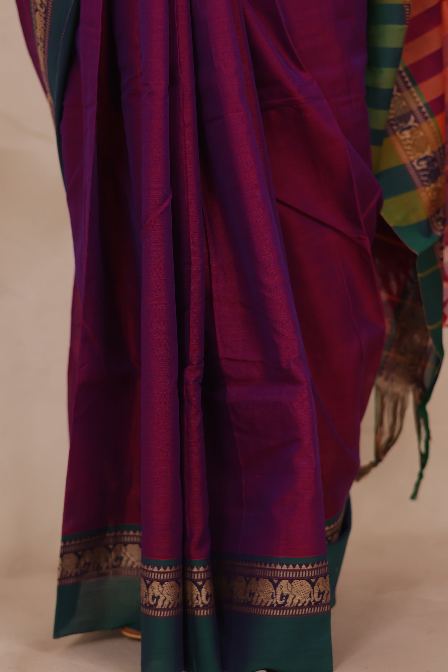 Magenta Narayanpet Cotton Saree with Elephant Border | Looms & Tassels