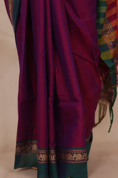 Magenta Narayanpet Cotton Saree with Elephant Border | Looms & Tassels