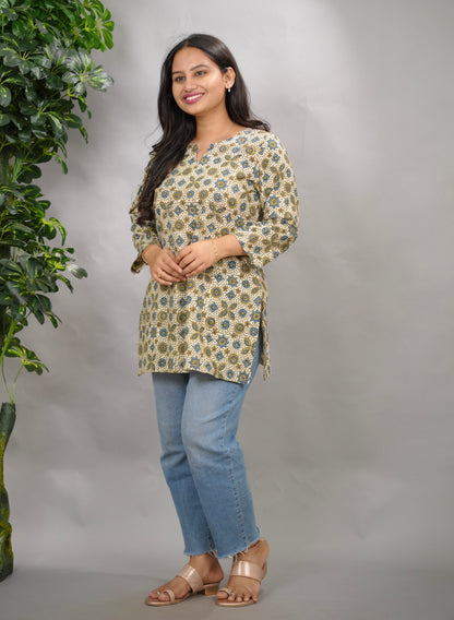 Cream Ajrakh Hand Block Printed Short Top
