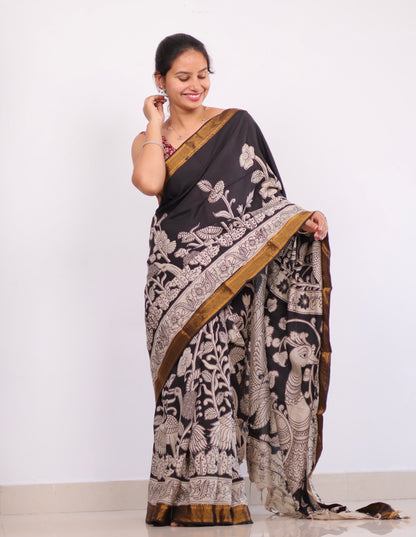 Black Nizam Border Kalamkari Silk Saree