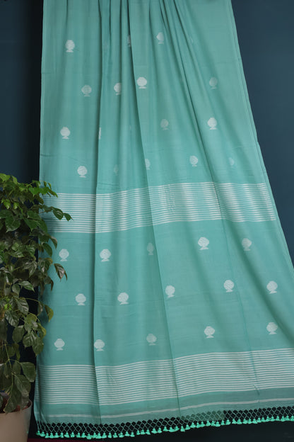 Seagreen Pure Handwoven Malai Cotton Saree with Butta Weaving