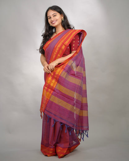 Purple Dual Tone Checks Narayanpet Cotton Saree with Traditional contrast Border | Looms & Tassels