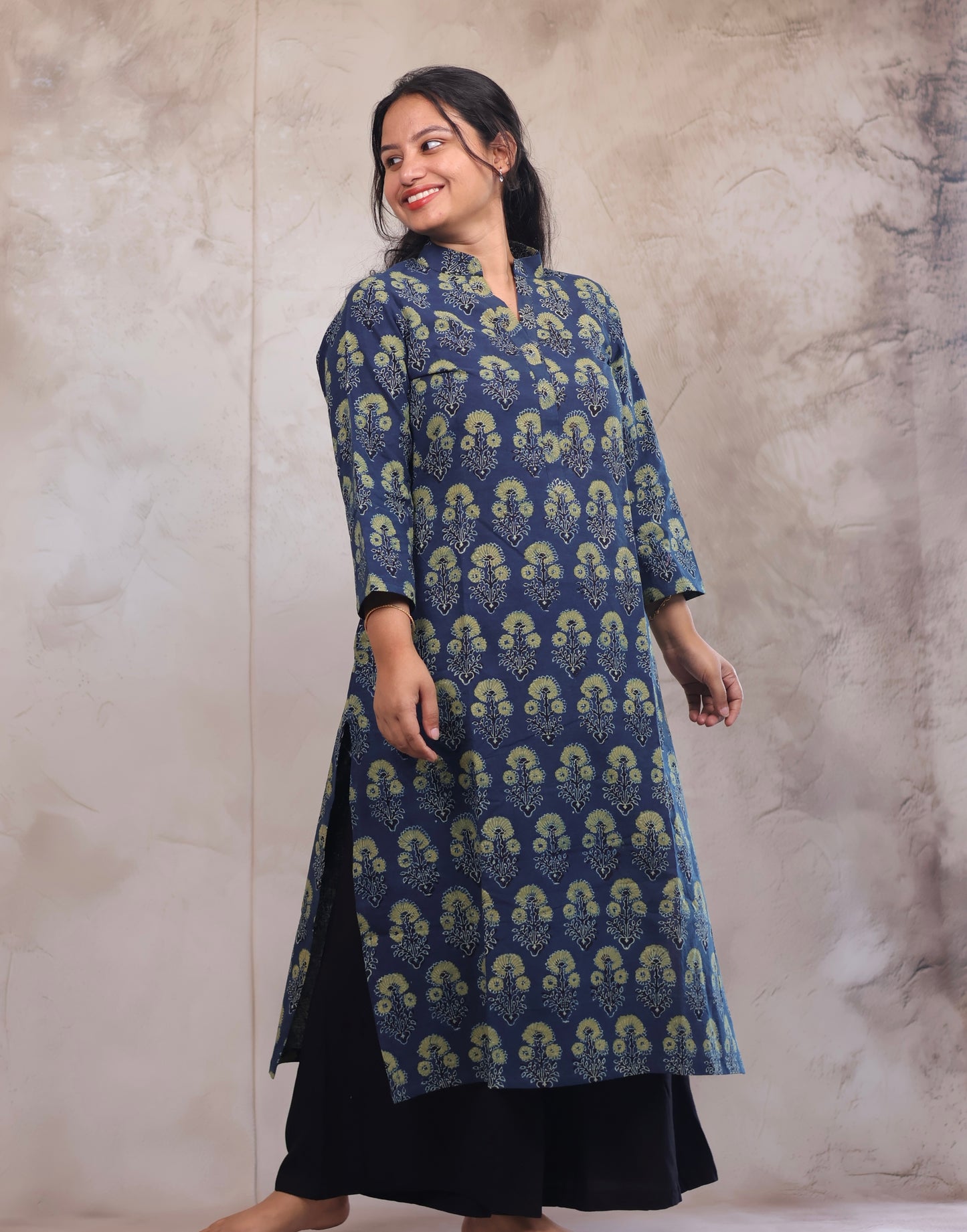 Indigo Ajrakh Hand Block Printed Kurti | Looms & Tassels