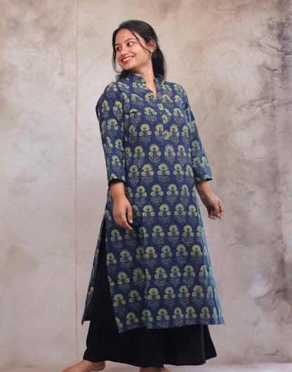 Indigo Ajrakh Hand Block Printed Kurti | Looms & Tassels