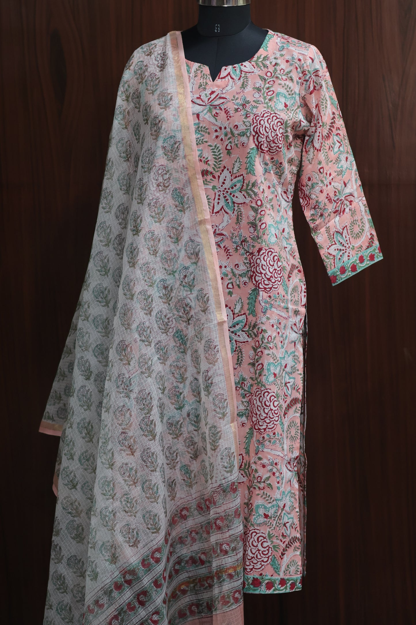 Peach Handblock printed Pure Mul Cotton with Kota Doria Duppata 3 piece suit (stitched)