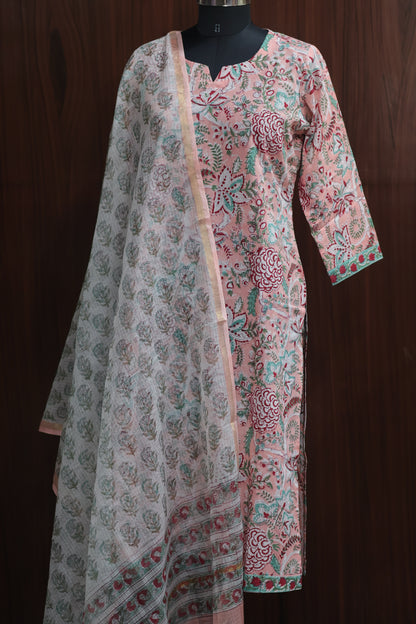 Peach Handblock printed Pure Mul Cotton with Kota Doria Duppata 3 piece suit (stitched)
