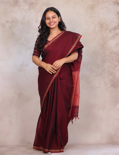 Maroon Narayanpet Cotton Saree with Ikkat Blouse Piece | Looms & Tassels
