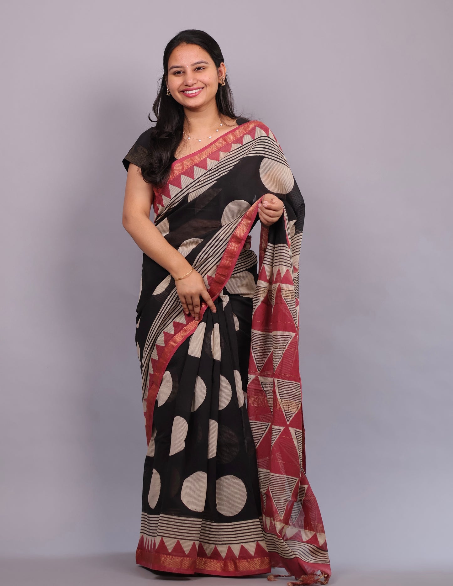 Black Bagru Hand Block Printed Maheswari Silk Cotton Saree