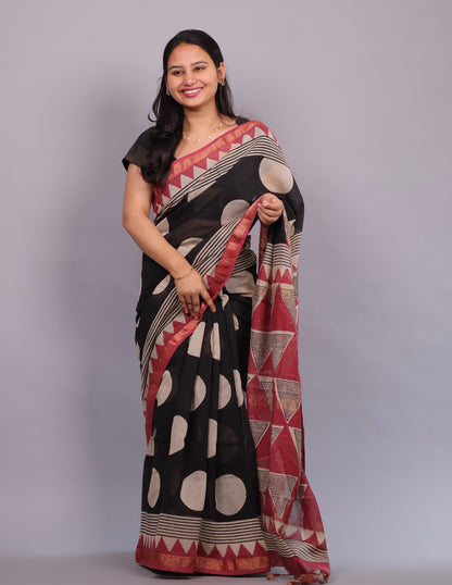 Black Bagru Hand Block Printed Maheswari Silk Cotton Saree