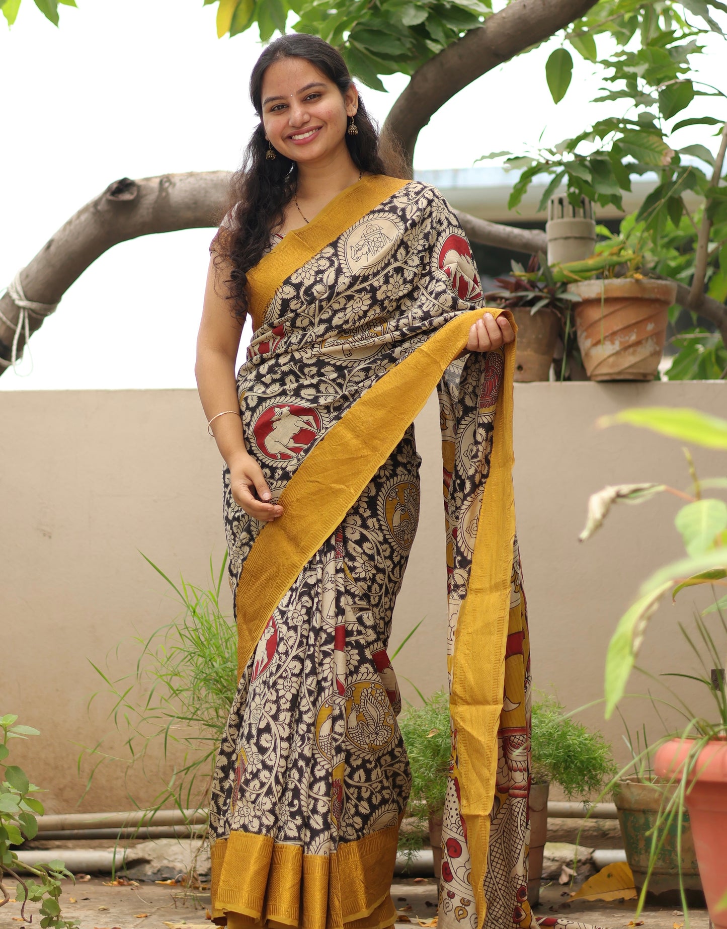 Black Kanchi border Kalamkari chennur silk saree