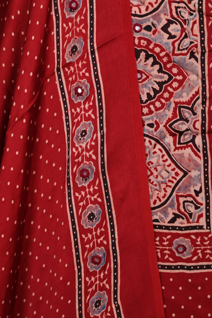 Mirror Work Maroon Ajrakh Handblock Printed Modal Silk 2 Piece Suit Set | Looms & Tassels