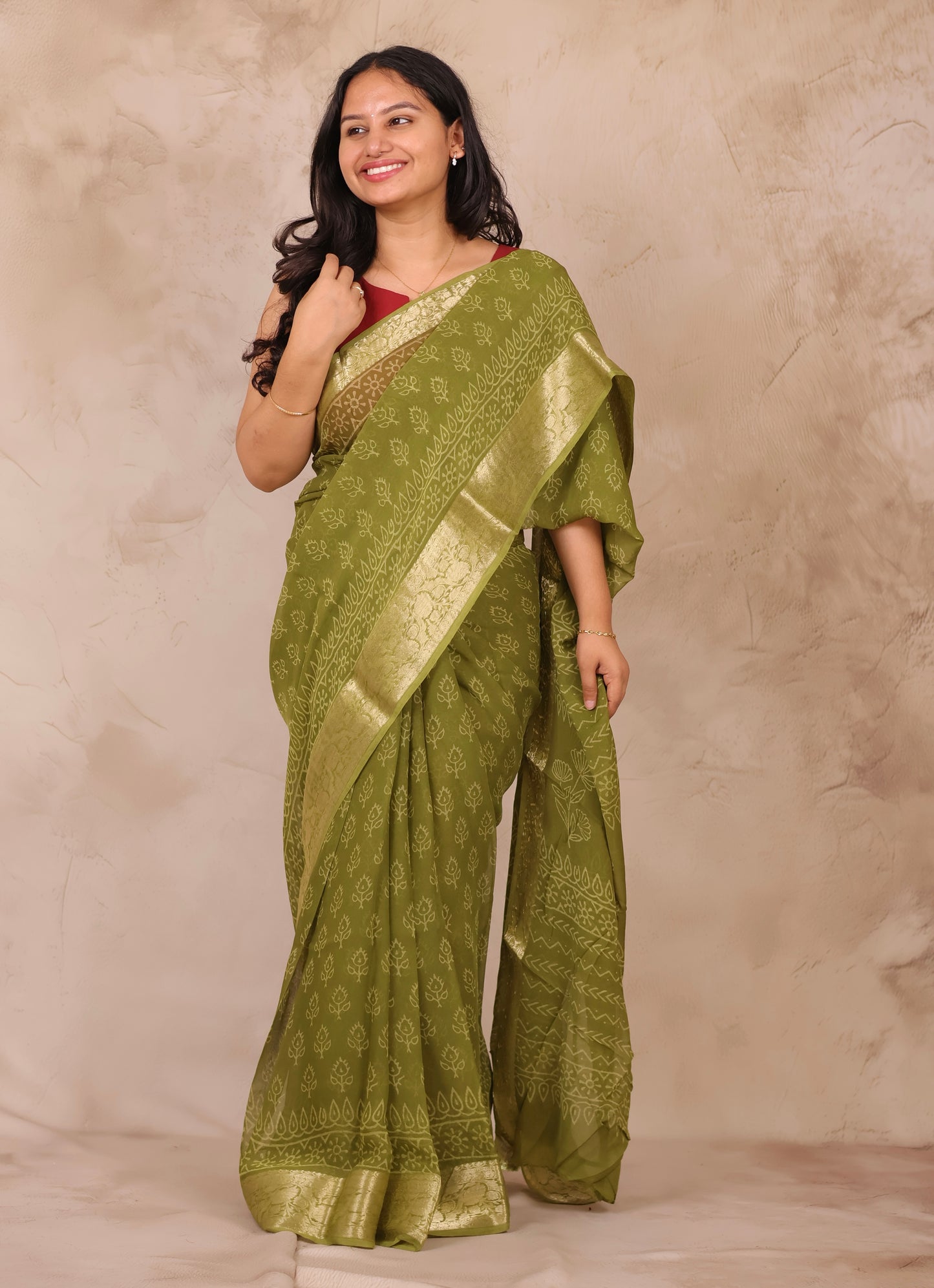 Green Chiffon Hand Block Printed Saree with Jari Border | Looms & Tassels
