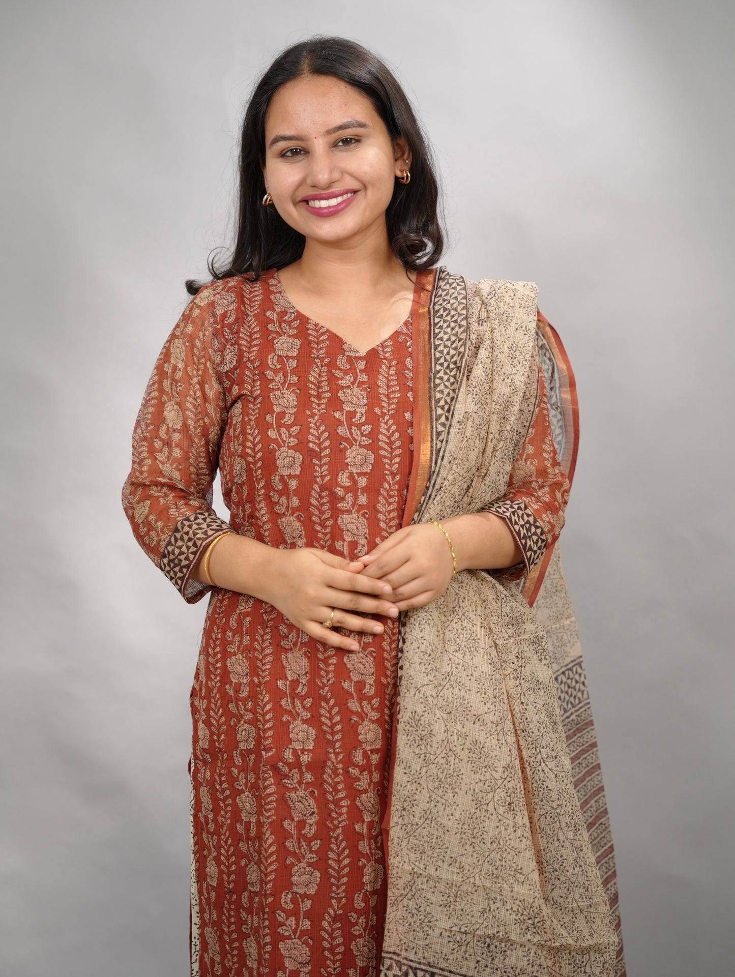 MaroonHandblock printed kota 3 piece suit (stitched)