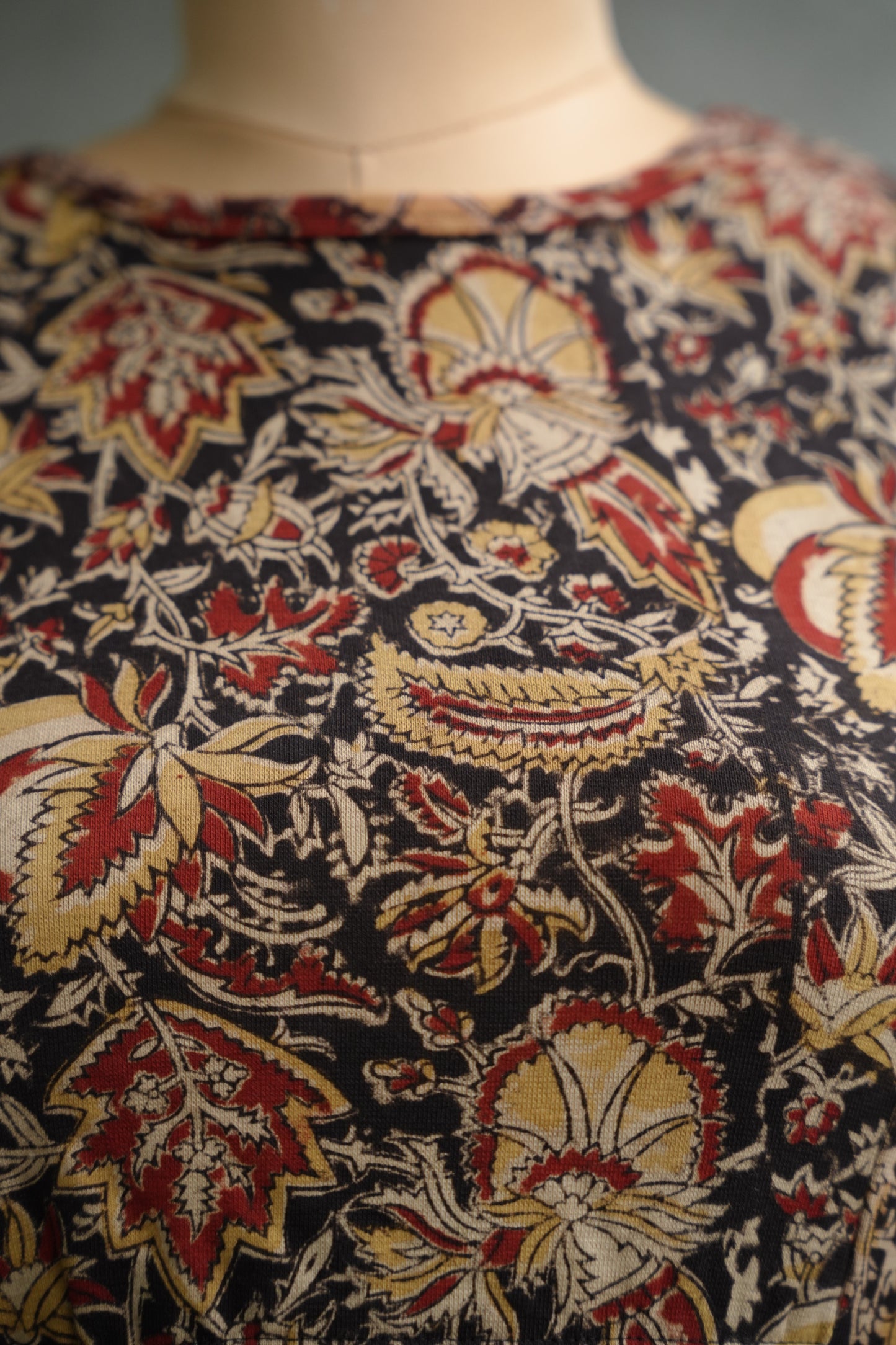 Black Boat Neck Stretchable Hand block printed kalamkari blouse