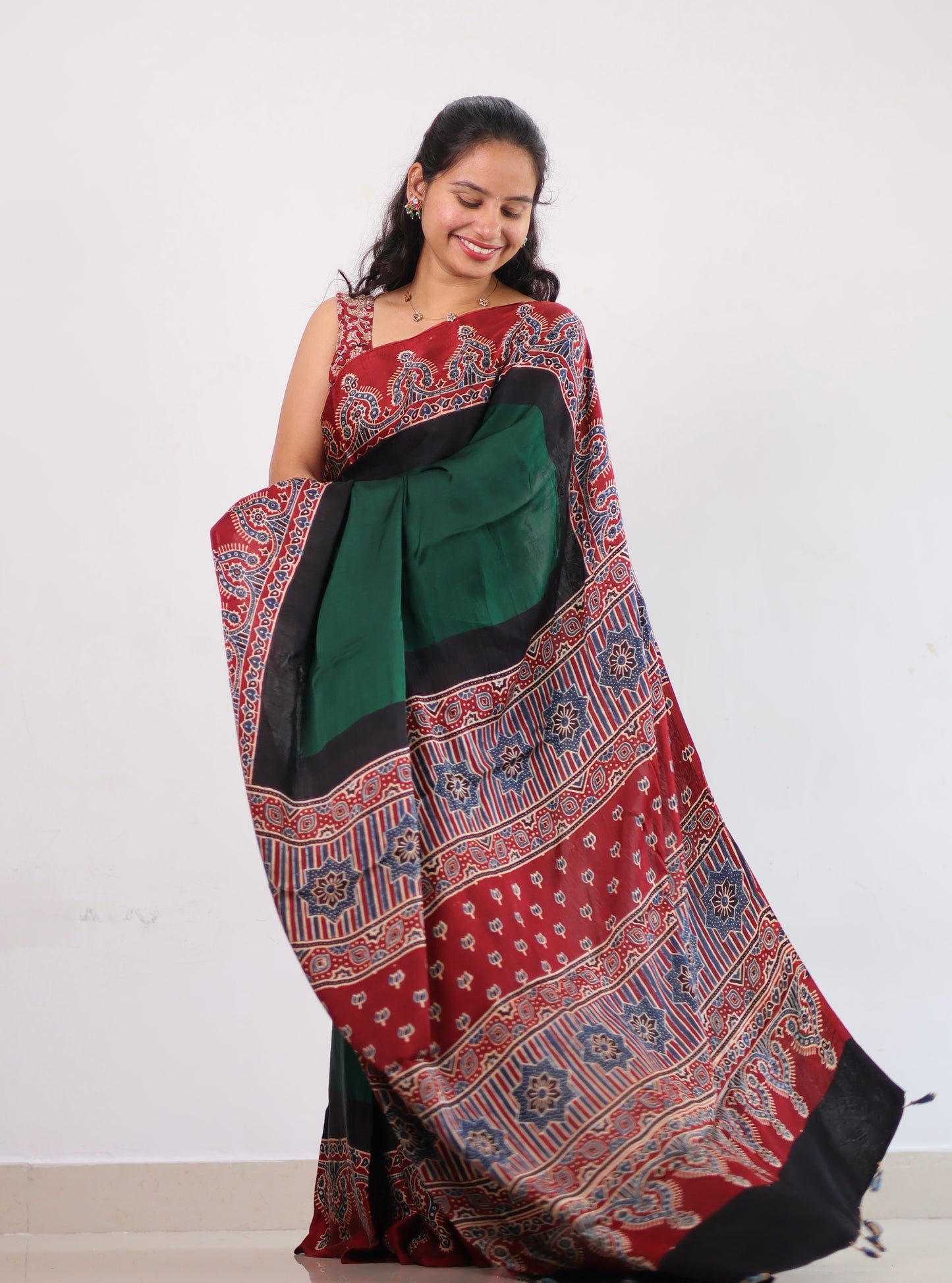 Green Ajrakh Modal Silk Saree