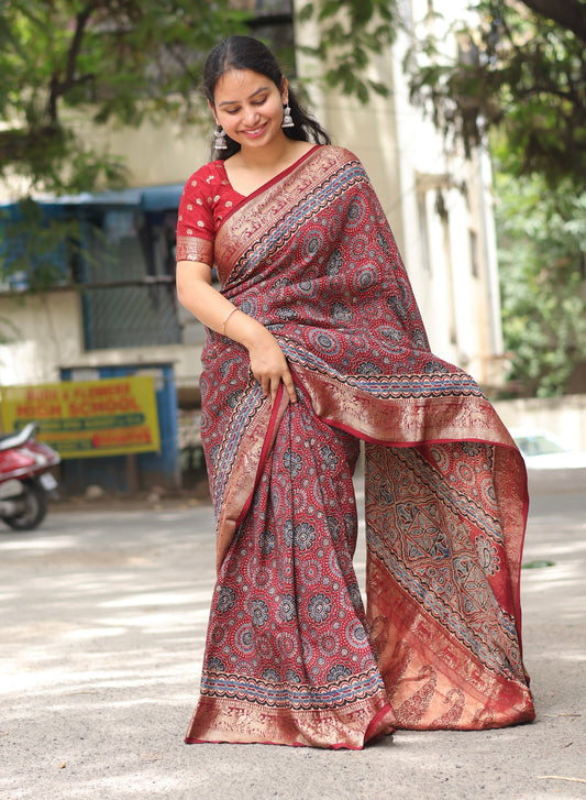 Traditional block printed Ajrakh Dola Silk Saree