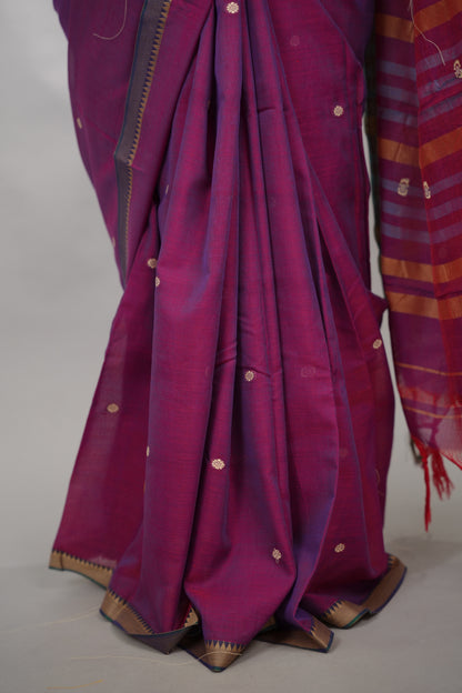 Purple Narayanpet Cotton Saree With Butta Weaving | Looms & Tassels