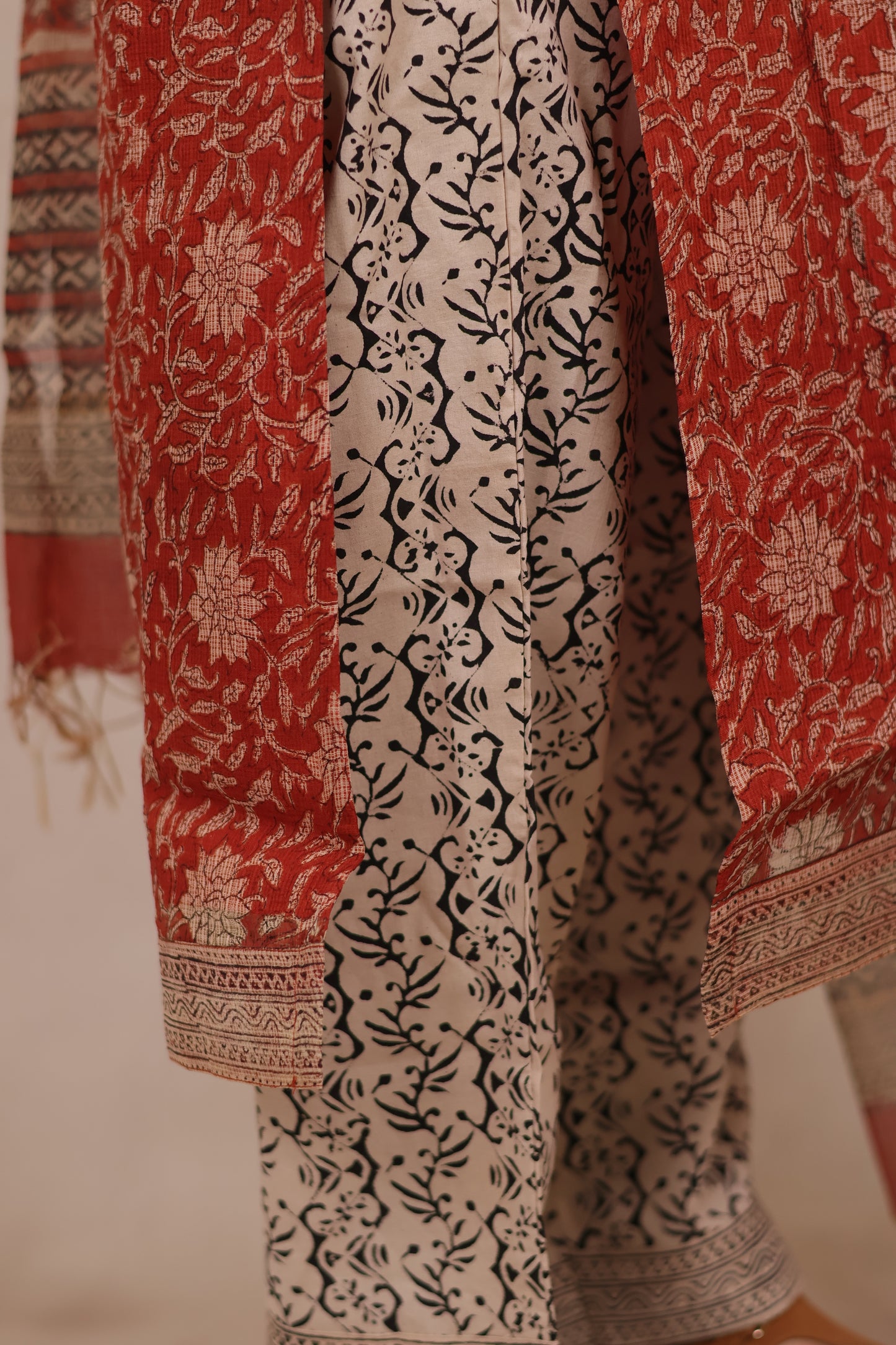 Red Handblock printed kota 3 piece suit (stitched)