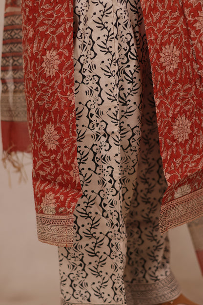 Red Handblock printed kota 3 piece suit (stitched)