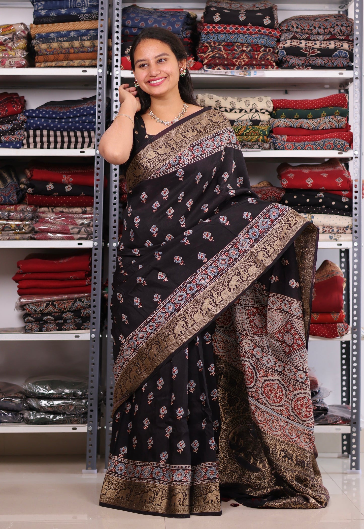 Black Ajrakh Dola Silk Saree