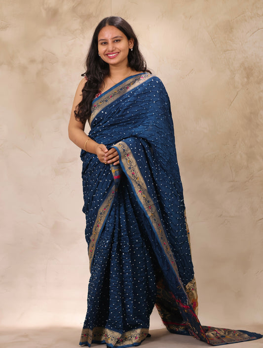 Cyan Blue Handcrafted Bandhani Paithani Dola Silk Saree | Looms & Tassels