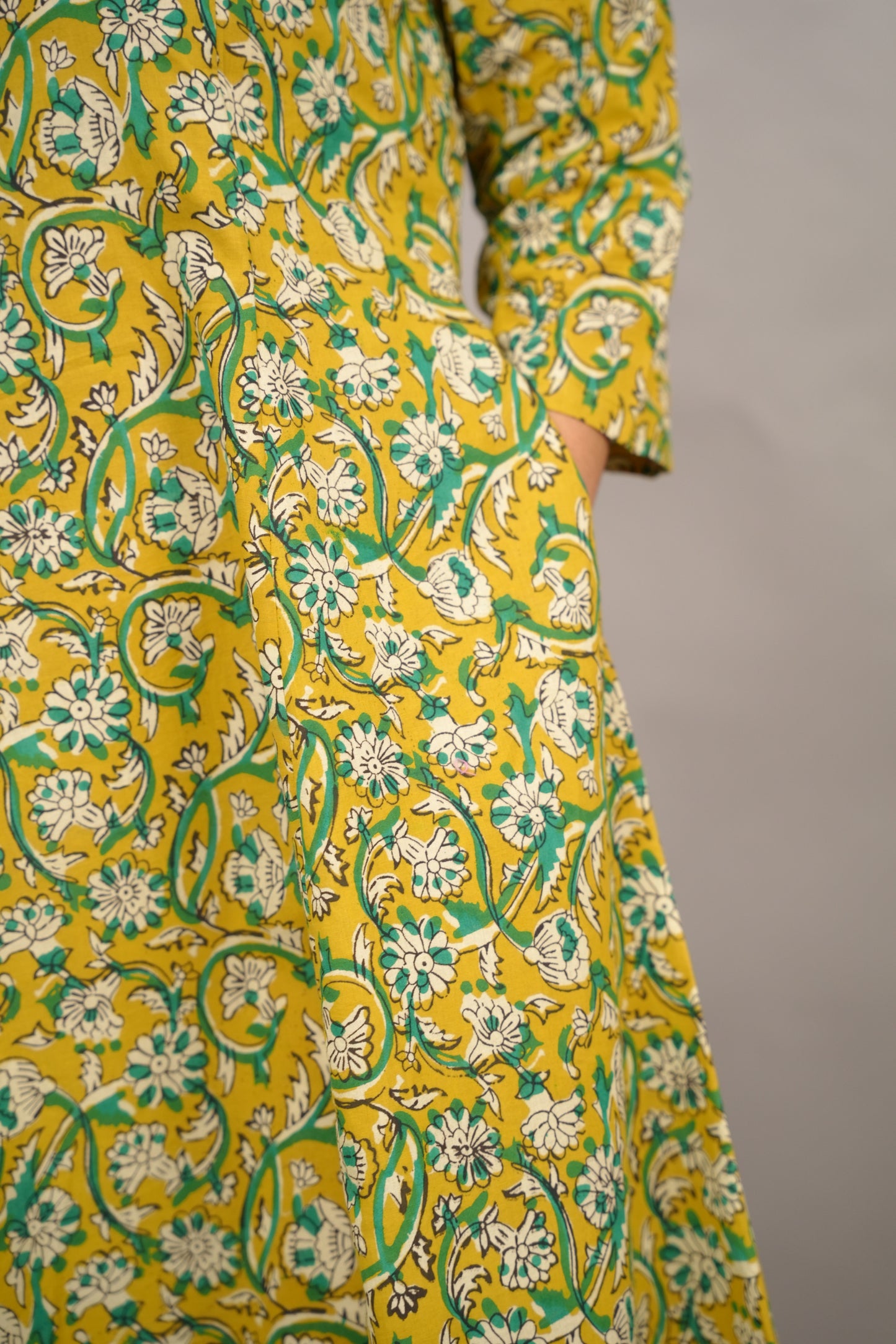 Mustard Yellow Pure Mul Cotton Kali Kurta  | Looms & Tassels
