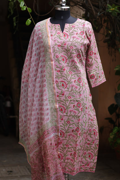 Pink Handblock printed Pure Mul Cotton with Kota Doria Duppata 3 piece suit (stitched)