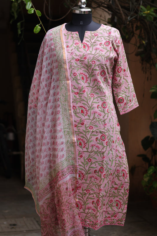 Pink Handblock printed Pure Mul Cotton with Kota Doria Duppata 3 piece suit (stitched)
