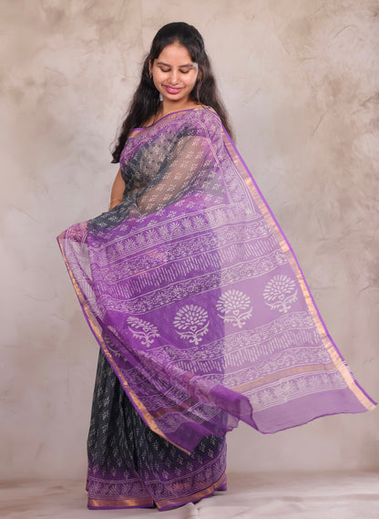 Ash And Dark Lavender Dual Shade Pure Kota Doria Saree with Bagru Handblock Prints | Looms & Tassels