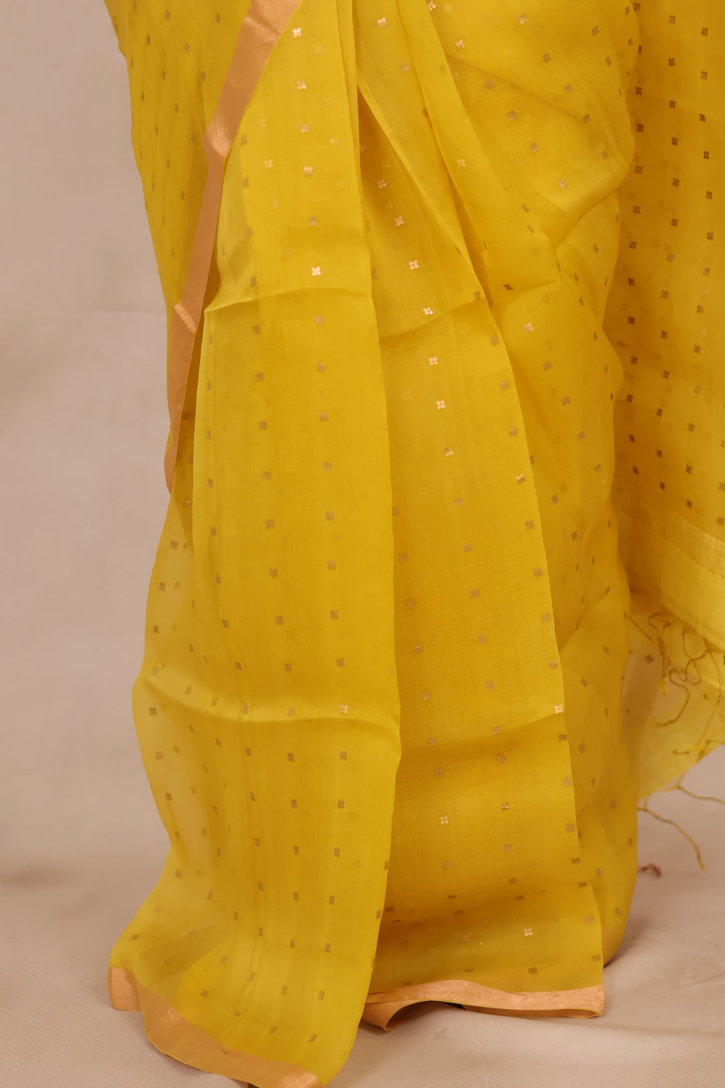Mustard Handwoven Muslin Silk Saree With Sequence Work | Looms & Tassels