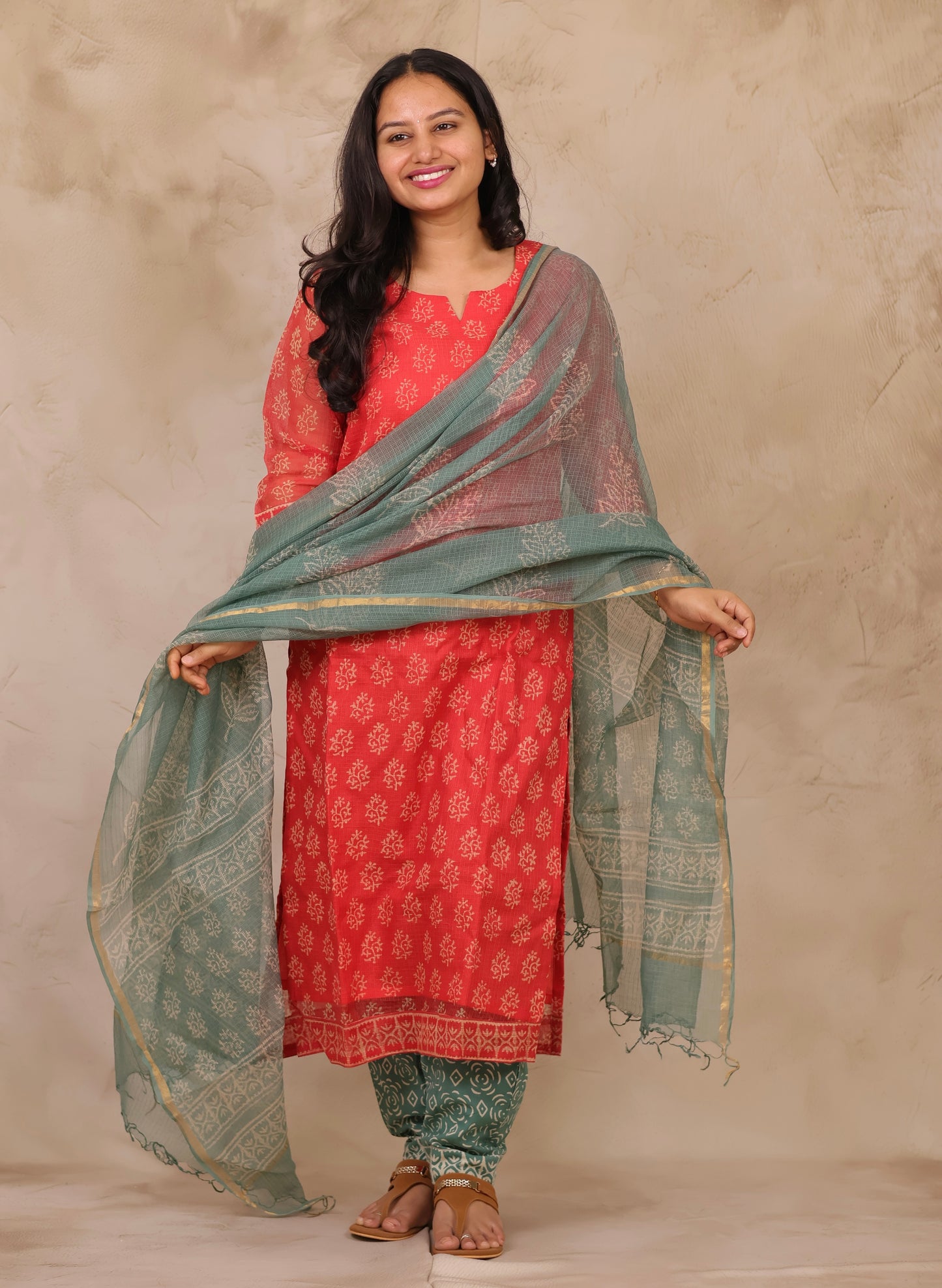 Red & Sea Green Handblock printed kota 3 piece suit (stitched)
