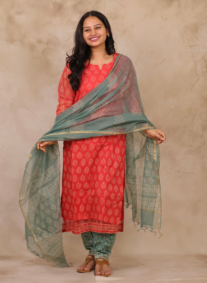 Red & Sea Green Handblock printed kota 3 piece suit (stitched)